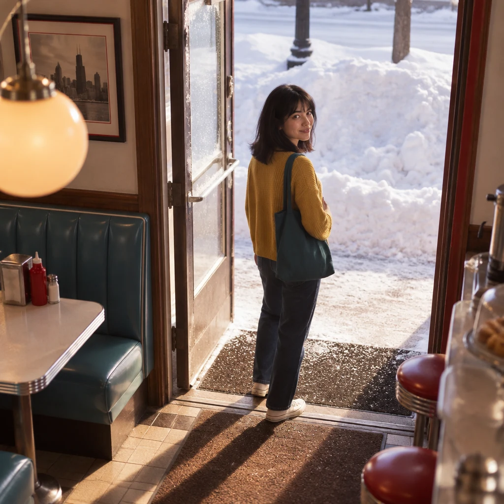 Ana stands just inside the diner door and looks back at the deep snow outside.
