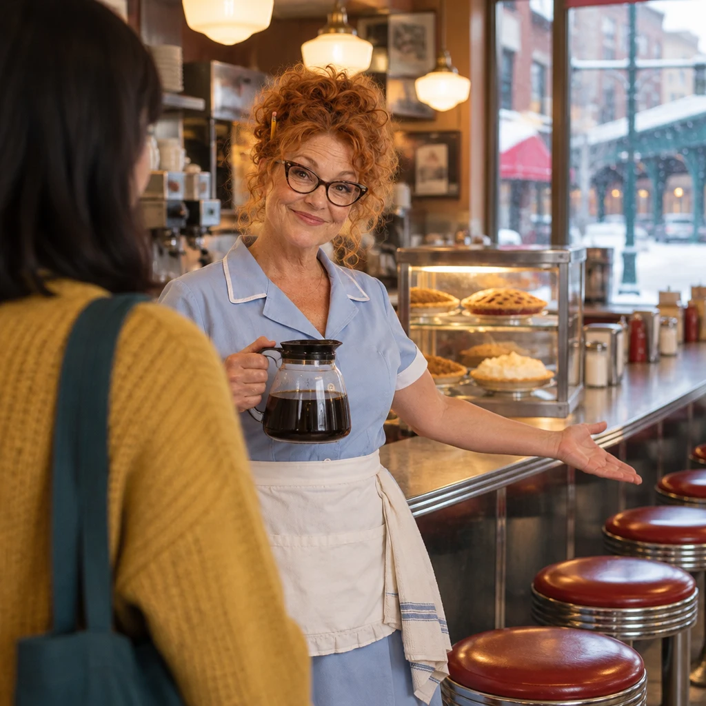 Dee holds the coffee pot and gestures toward the empty counter seats.