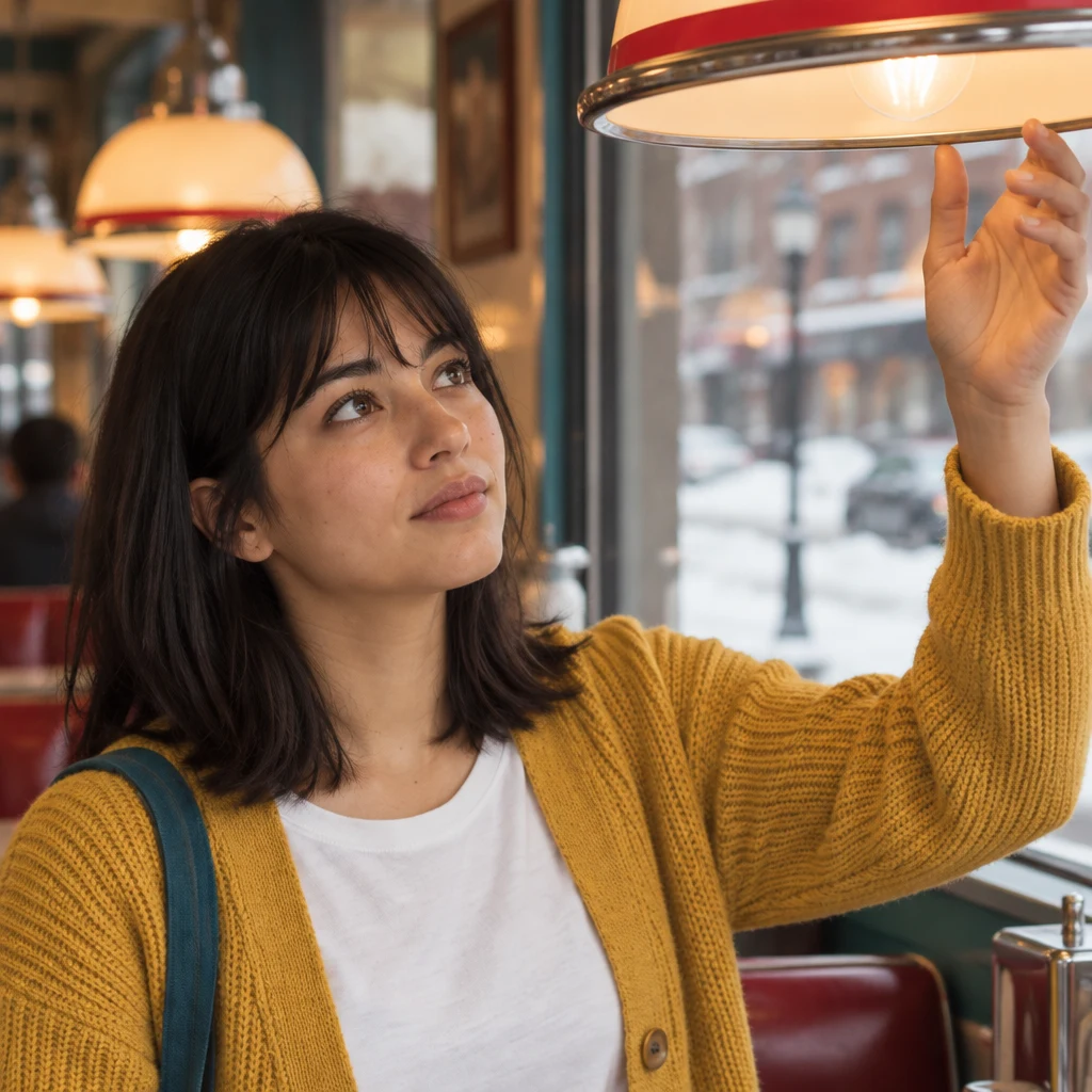 Ana looks up at the diner lamps with a lifted hand as she considers losing electricity.