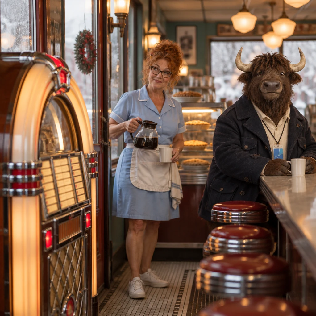 The jukebox clicks but stays silent as Dee pauses mid-pour and Murray sits still.