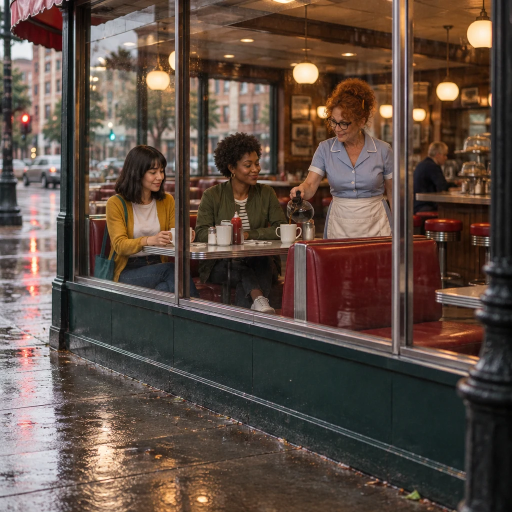 Ana and Tasha sit in the booth as Dee refills their coffee.