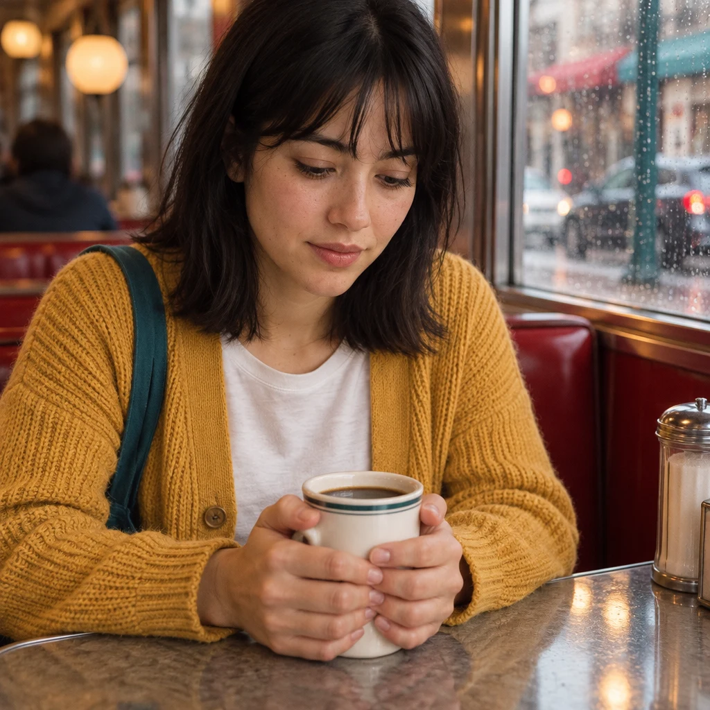 Ana grips her coffee mug tightly while sitting in the booth.