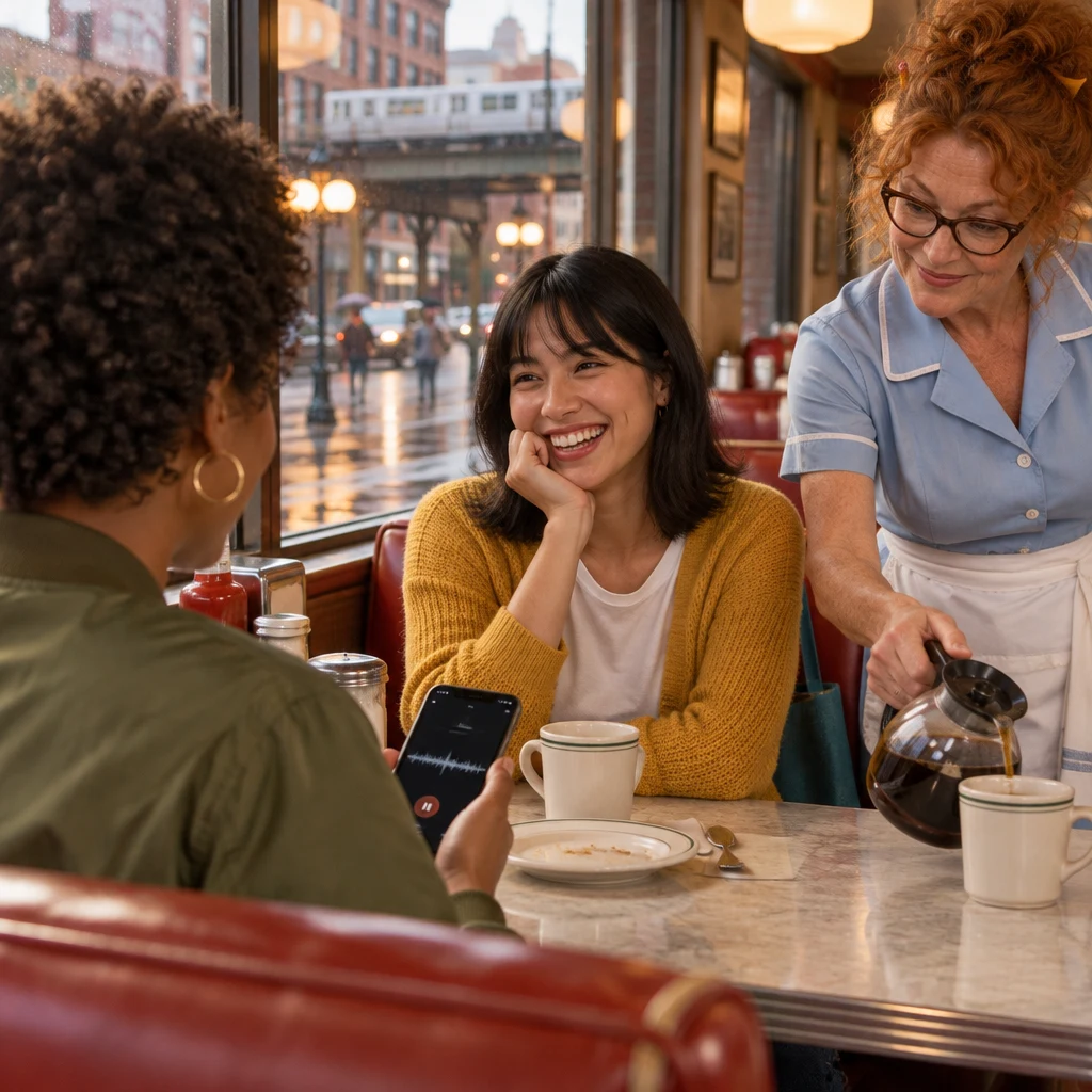 Tasha plays her voice memo as Ana laughs and Dee pours coffee.