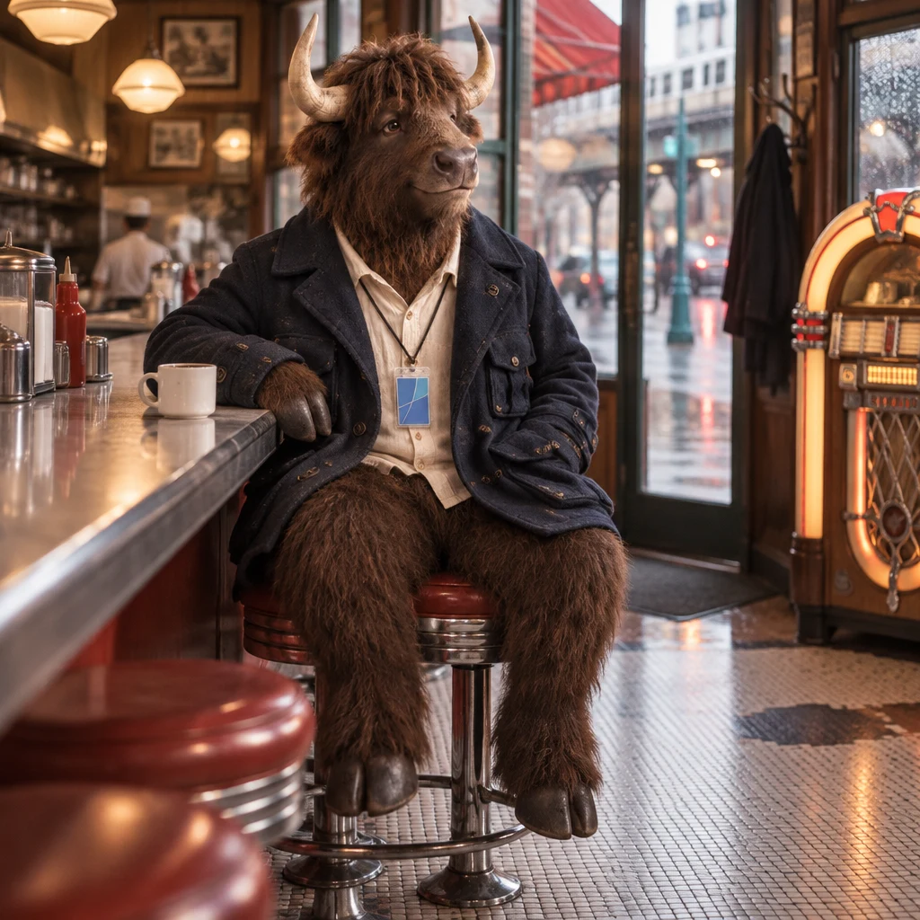 Murray sits on two stools beside his untouched black coffee and the quiet jukebox.