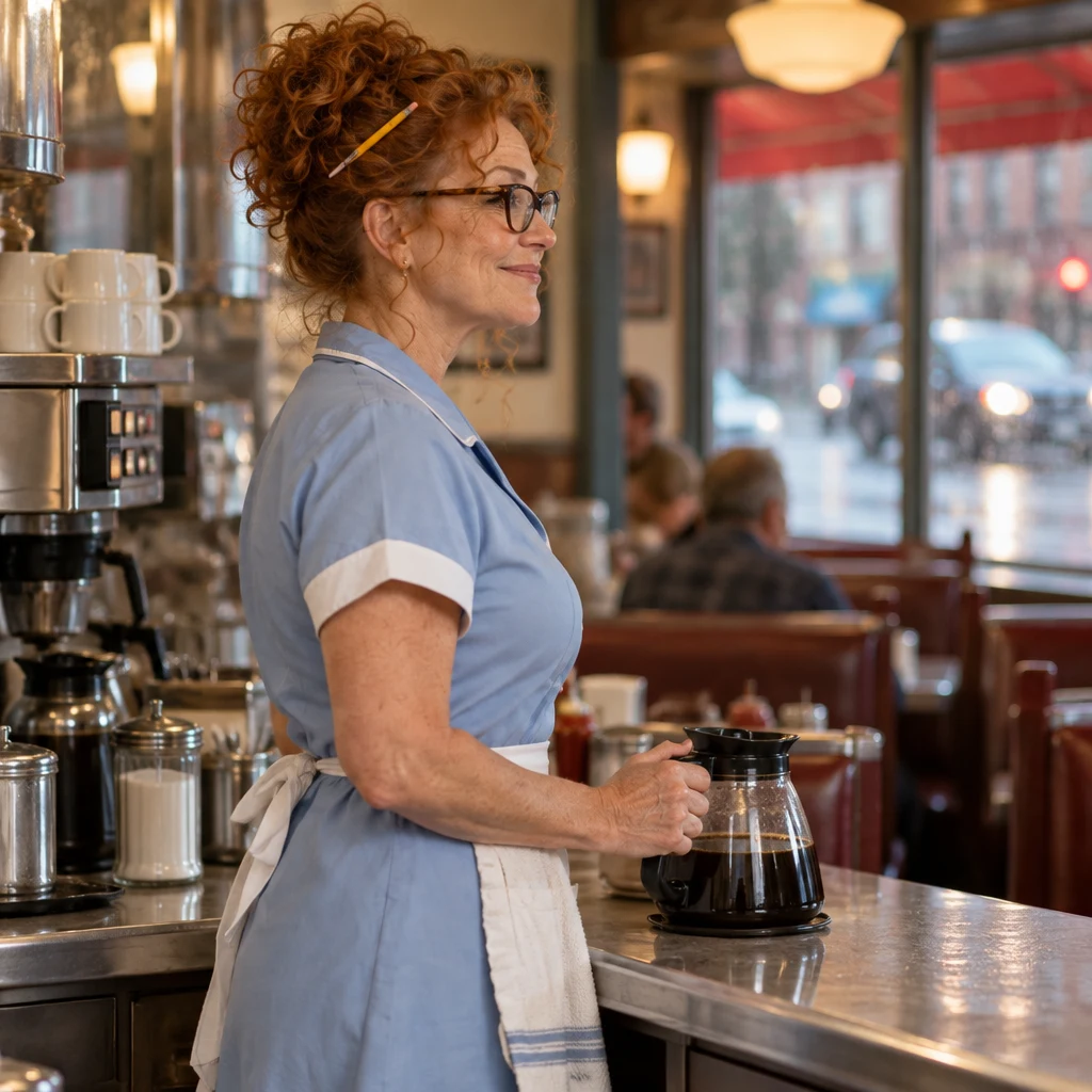 Dee pauses at the counter with the coffee pot after offering more coffee.