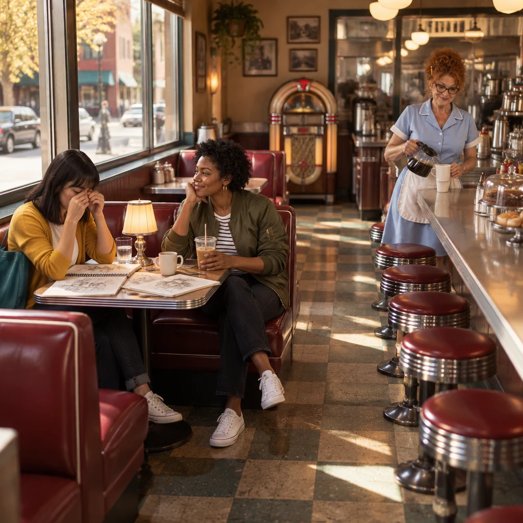 Ana sits tired in a diner booth with her tote and library sketches while Tasha joins her with iced coffee and Dee works at the counter.