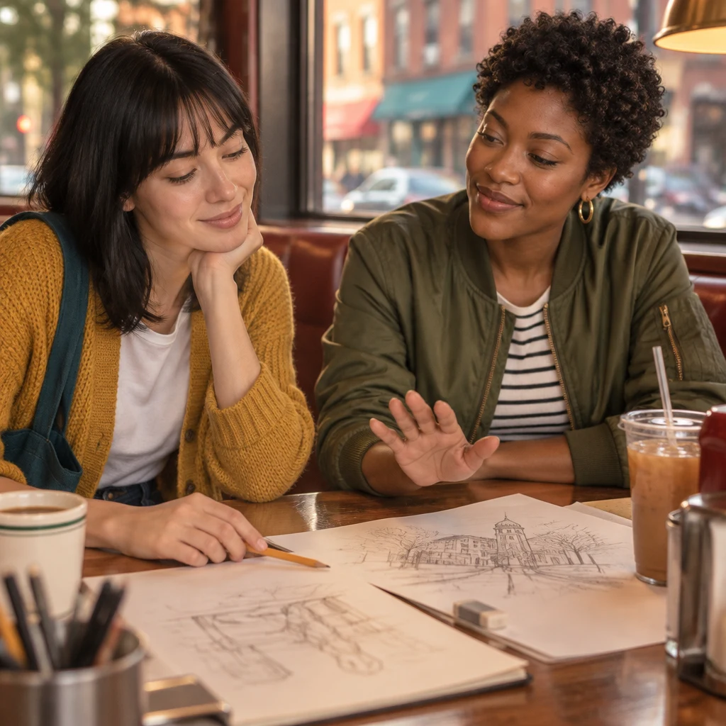 Tasha gives Ana a gentle caution as Ana pauses over the sketches she still has to finish.