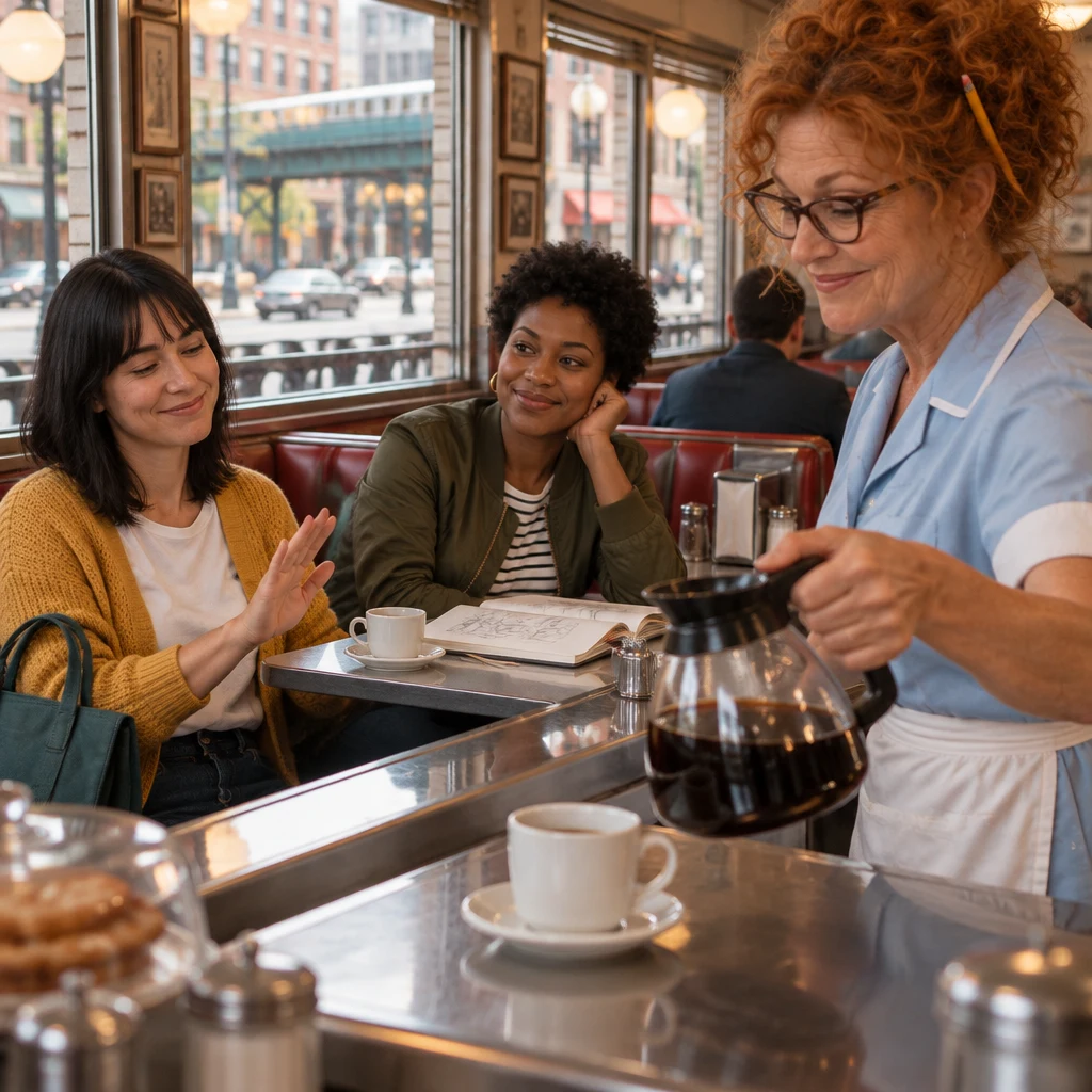 At the counter, Dee offers Ana more coffee, and Ana politely declines while Tasha remains nearby.