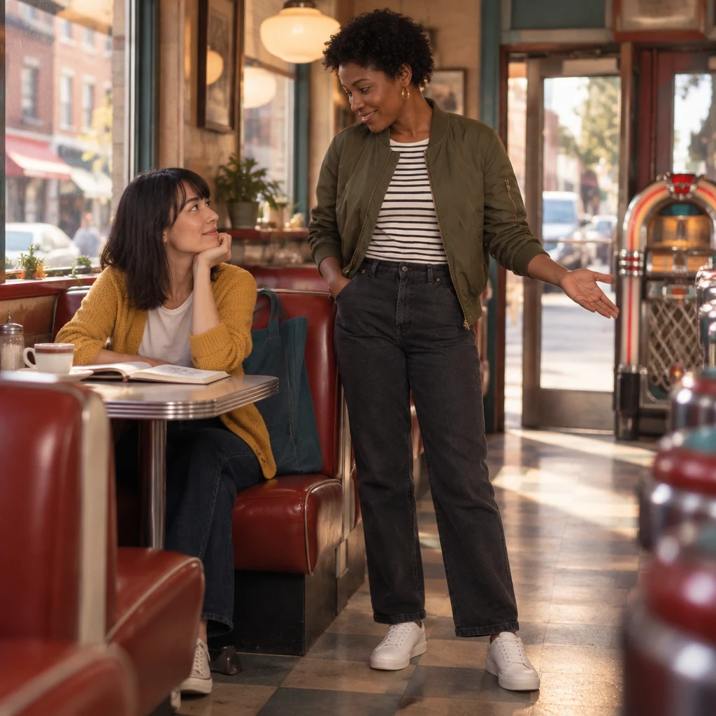 Tasha encourages Ana to try a short walk, and Ana listens from the booth near the aisle.