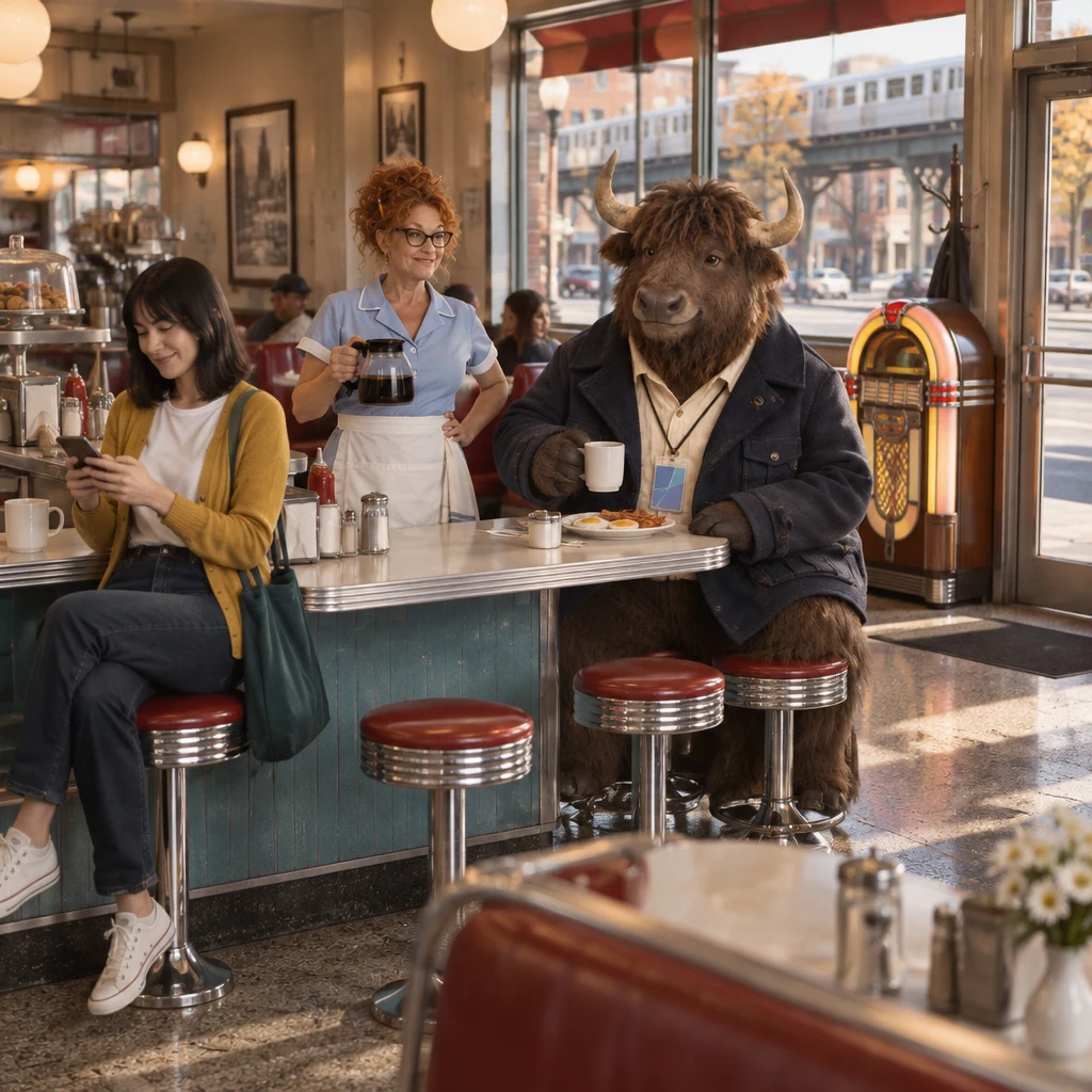 Ana checks her phone at the counter while Dee holds a coffee pot and Murray sits with eggs and a full coffee.