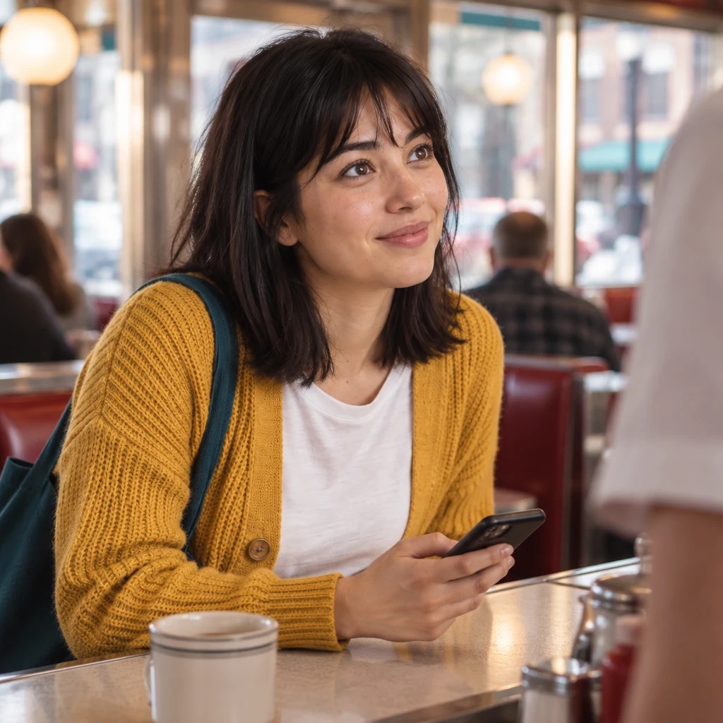 Ana leans forward at the counter and asks for a recommendation with her phone in hand.