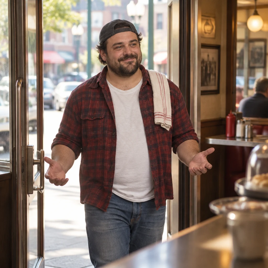 Danny steps into the diner from the boulevard with a dish towel over his shoulder and his hands open as he weighs the options.