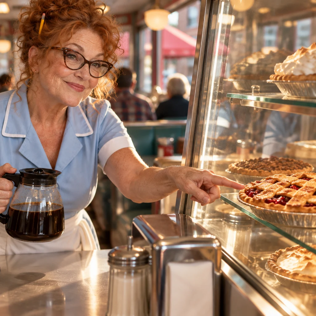 Dee points toward a pie in the case as a friendly tip for Ana's visit.