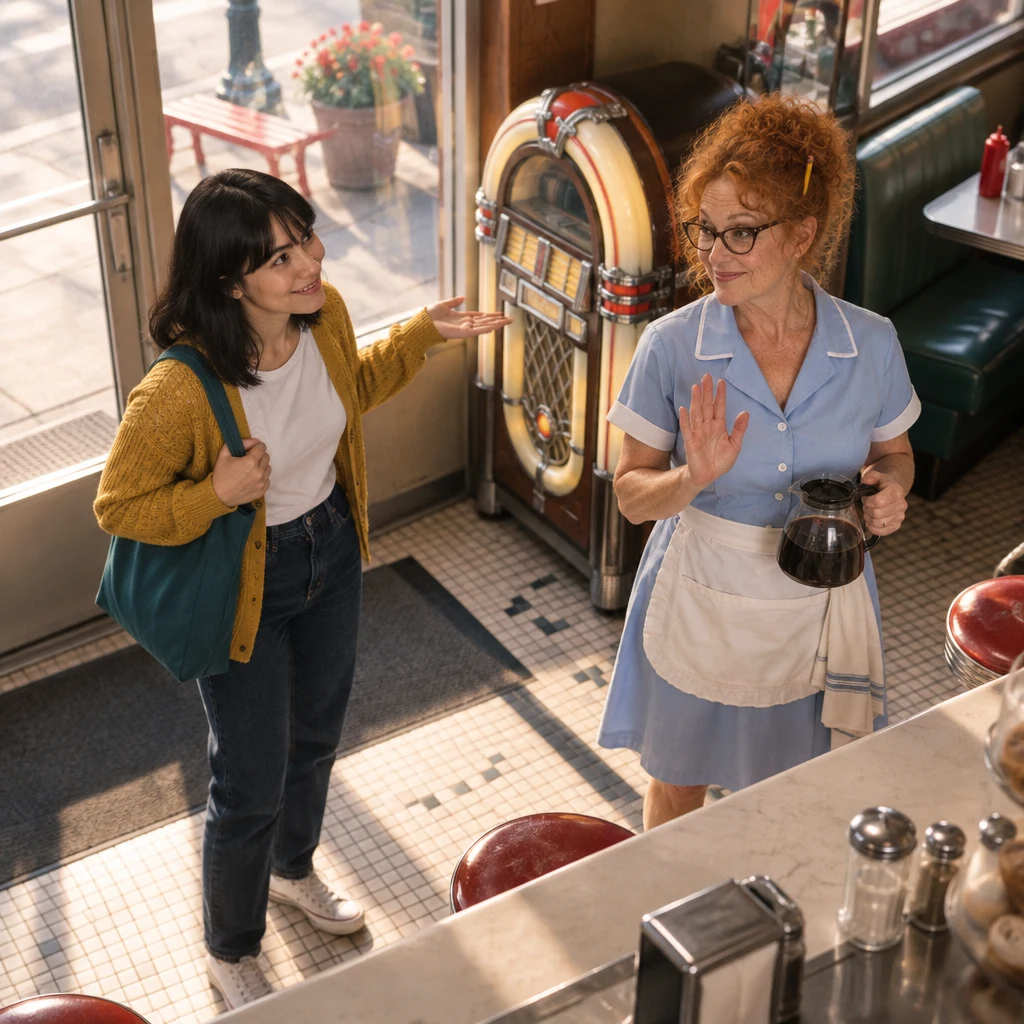 Ana gestures toward the quiet jukebox by the door, and Dee gently waves off the idea.