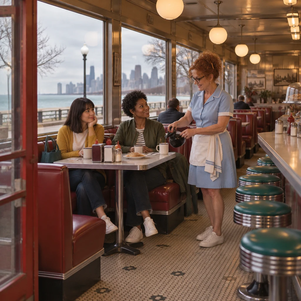 Ana and Tasha sit in a window booth while Dee refills a coffee on a gray Saturday morning.