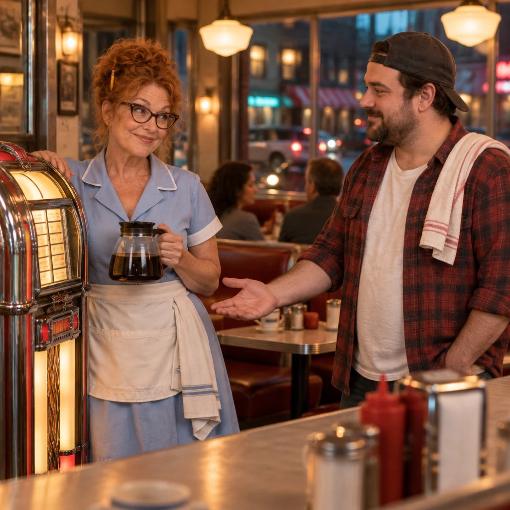 Danny gestures toward the closed jukebox while Dee keeps it shut.