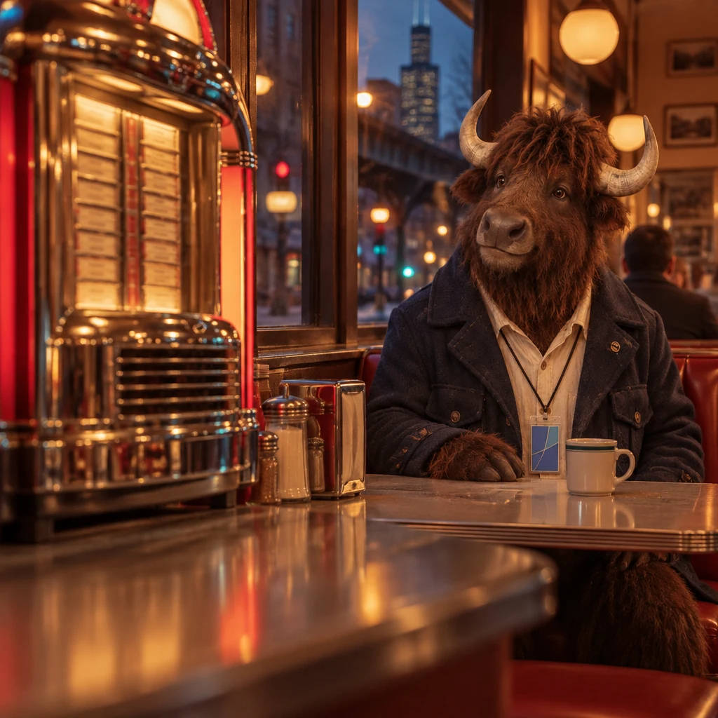 Murray looks toward the quiet jukebox while his coffee remains unfinished.