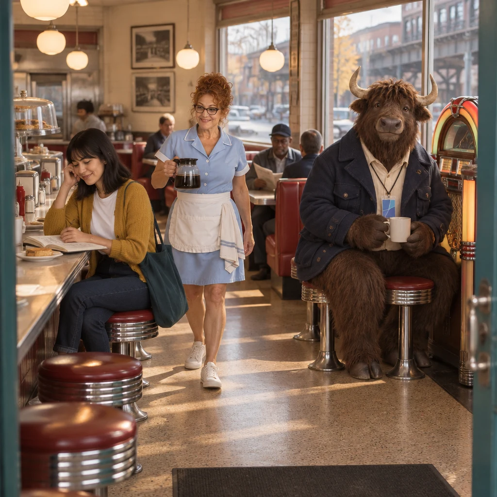 Ana sketches at the counter while Dee walks the line and Murray sits by the quiet jukebox.