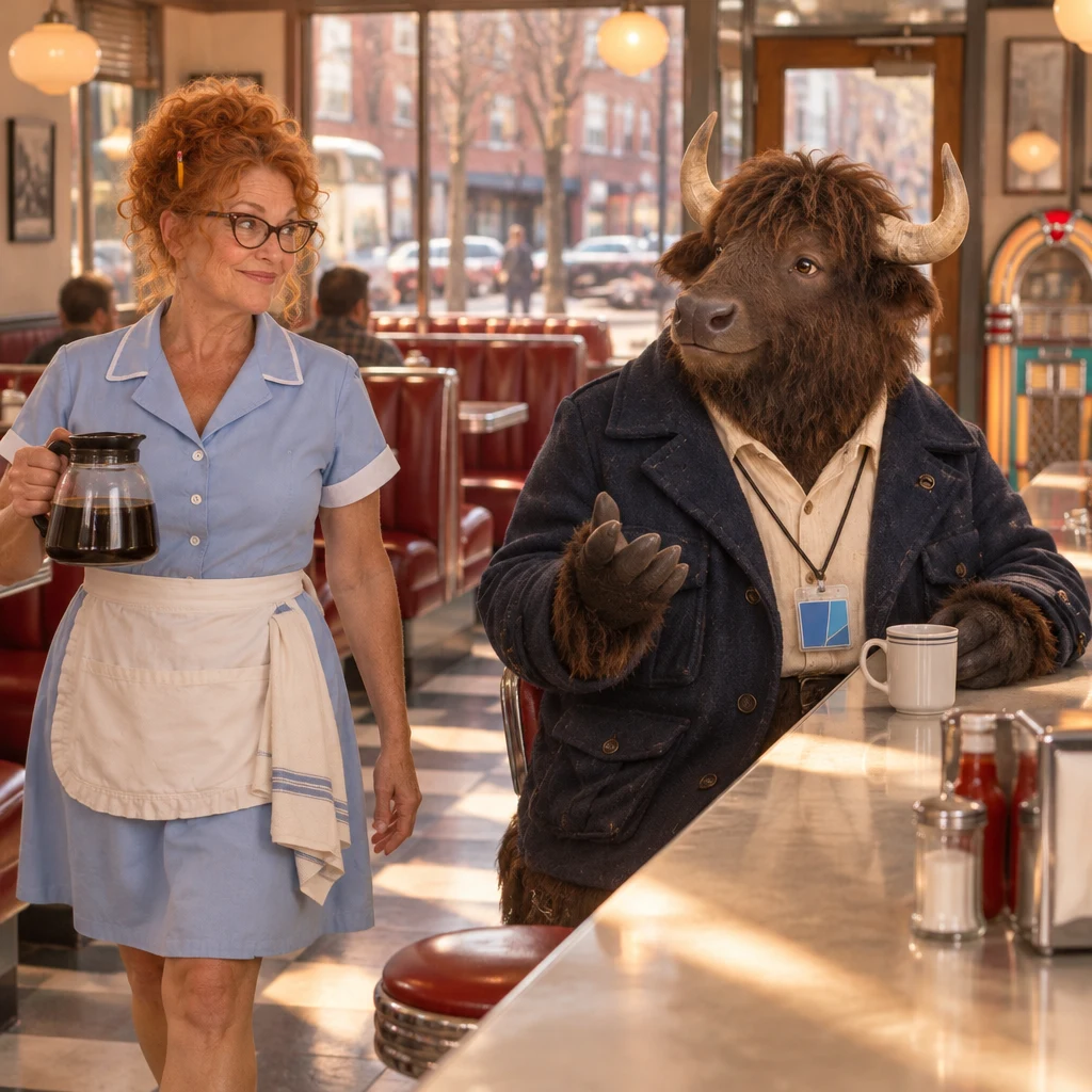 Dee pauses with the coffee pot as Murray gestures from his stools.