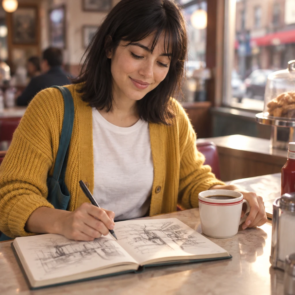 Ana sketches with one hand while keeping her other hand beside her cup.