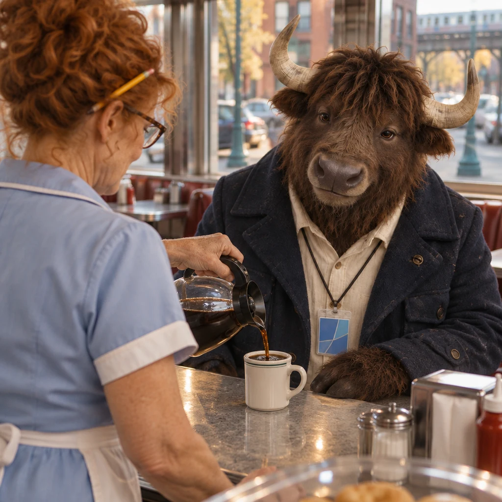 Dee looks over Murray's nearly full cup as she tips the coffee pot.