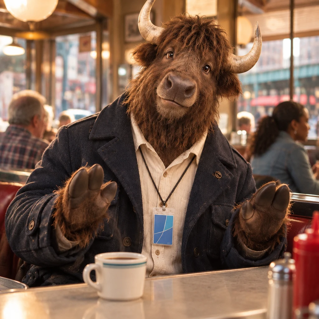 Murray gives a relaxed, open-hoof gesture beside the coffee he plans to finish.