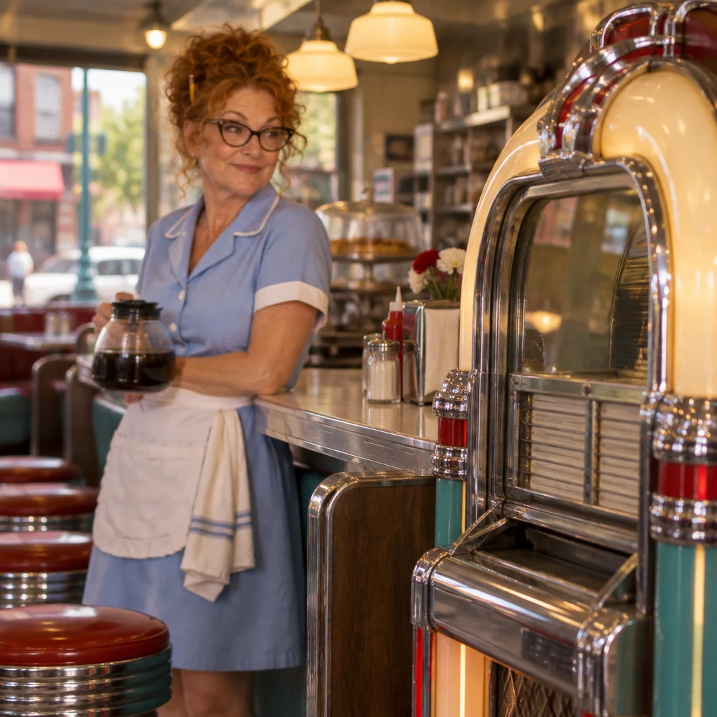 Dee pauses near the silent jukebox and looks toward its empty playing slot.