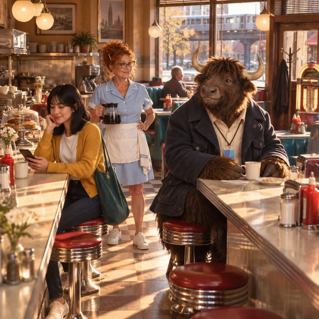 Ana checks her phone at the counter while Dee holds the coffee pot and Murray sits with unfinished coffee near the quiet jukebox.