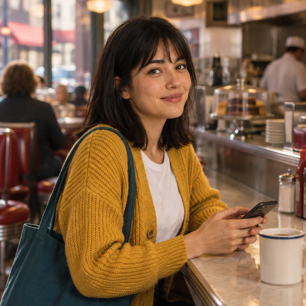 Ana looks up from her phone as she prepares to pass on a message she received.