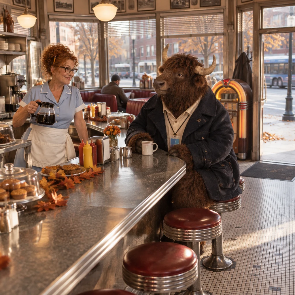 Dee holds the coffee pot while Murray sits across two stools with unfinished coffee.