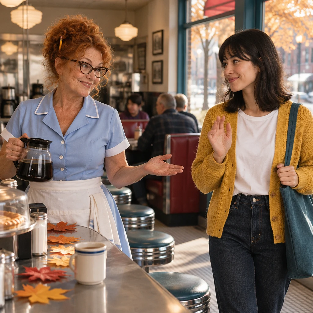 Dee and Ana exchange a warm late-November holiday greeting at the counter.