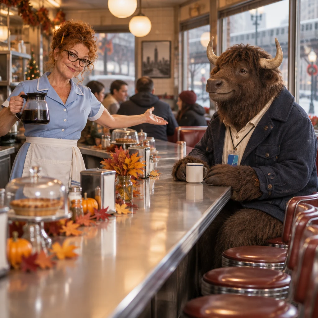 Dee lifts the coffee pot toward the row of stools in a broad seasonal greeting.