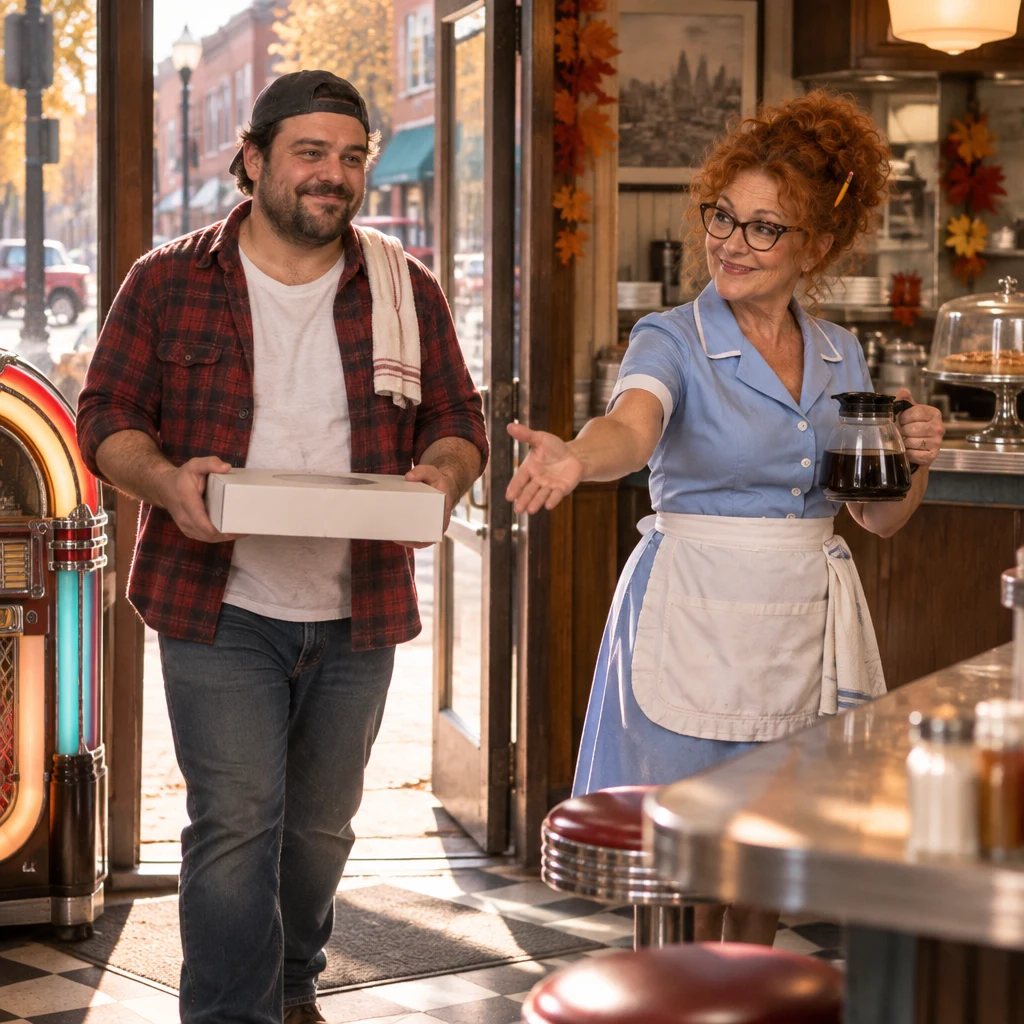 Danny enters with extra pie as Dee welcomes him into the diner.