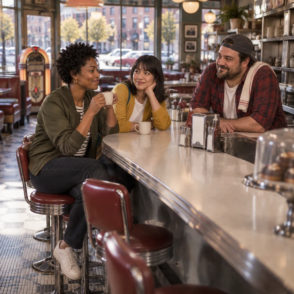 Tasha begins her Milwaukee weekend story at the counter while Ana listens and Danny leans nearby.