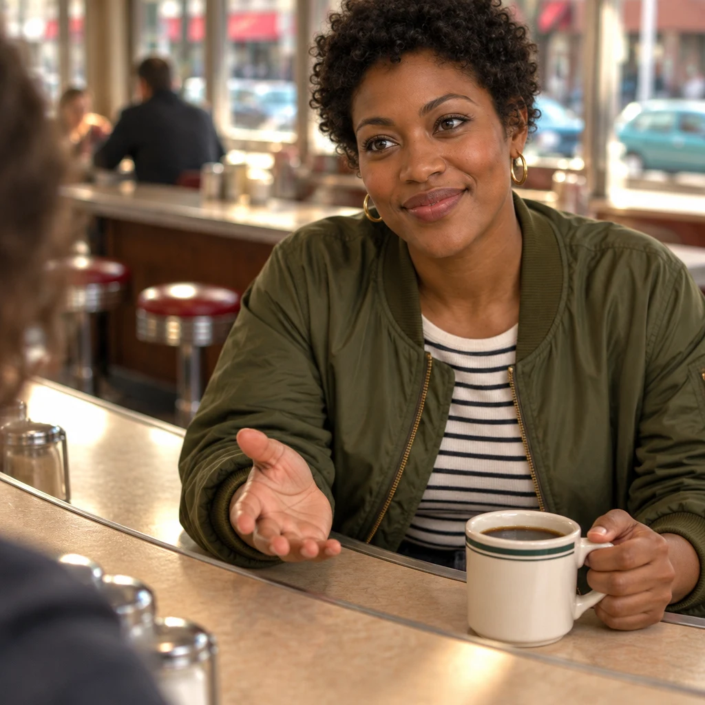 Tasha opens one palm beside her coffee as she starts with the first part of the story.
