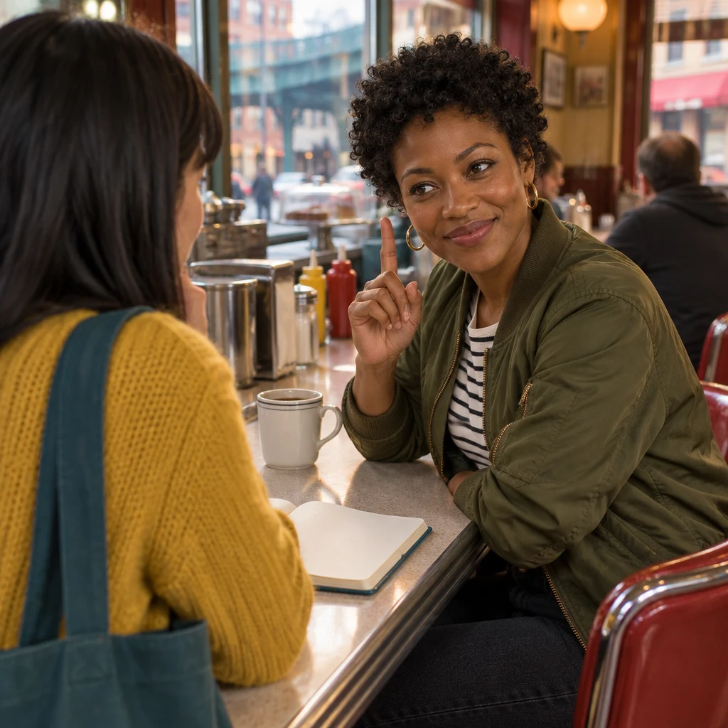 Tasha turns toward Ana and raises one finger as she remembers leaving the story open.