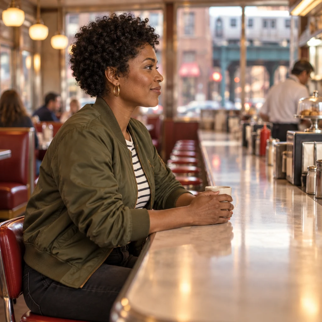 Tasha holds her mug and recalls that they were still waiting and had not moved yet.