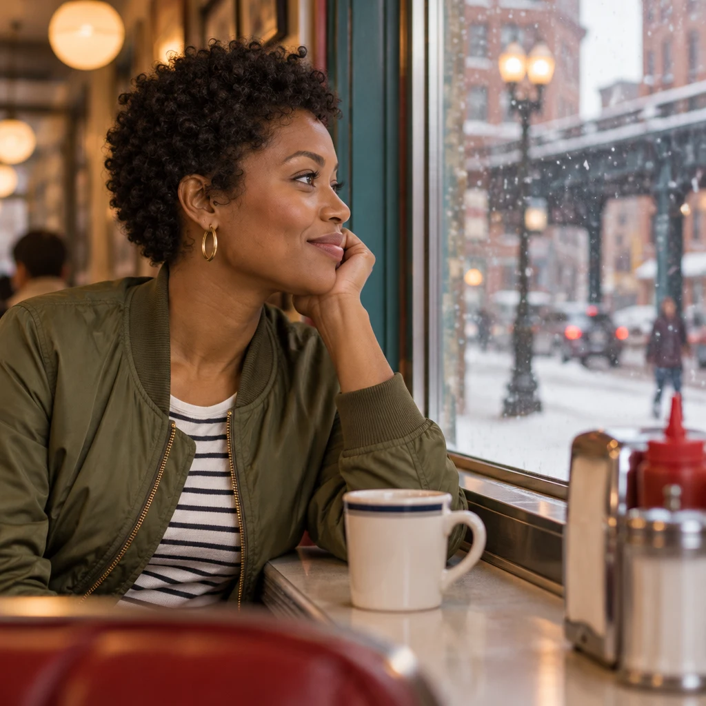 Snow starts falling beyond the Blue Plate window as Tasha lifts a hand while recalling the weather.