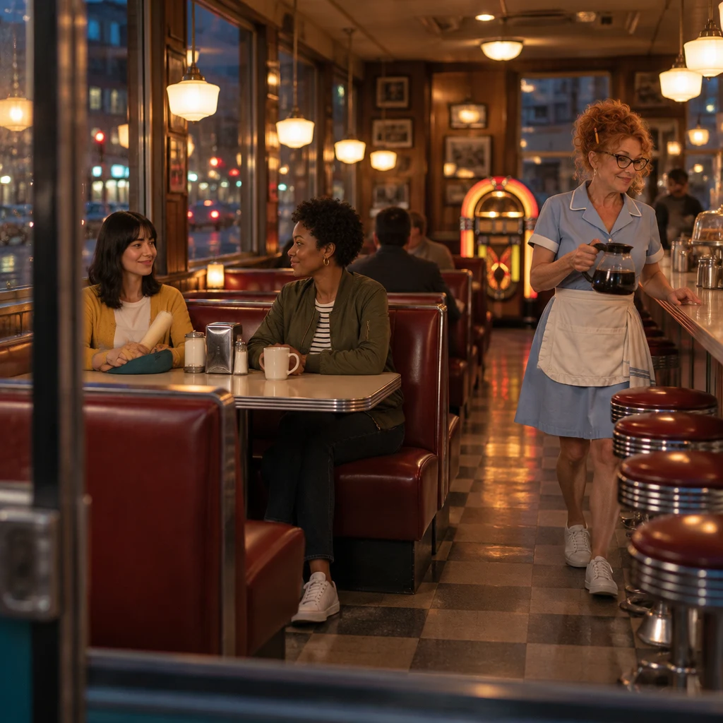 Ana and Tasha sit together in a booth while Dee tends the counter nearby.