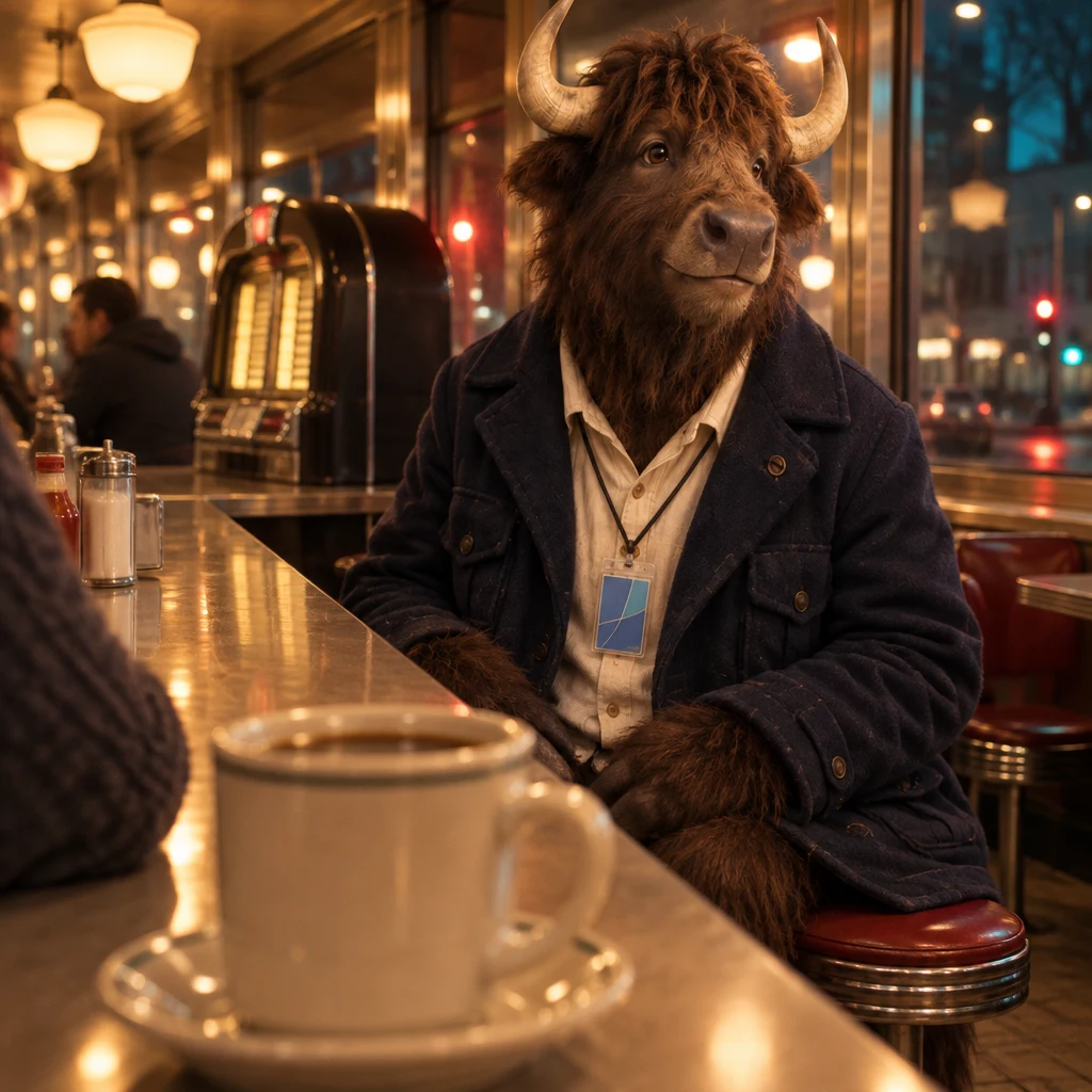 Murray listens from the counter beside his still-full cup and the quiet jukebox.
