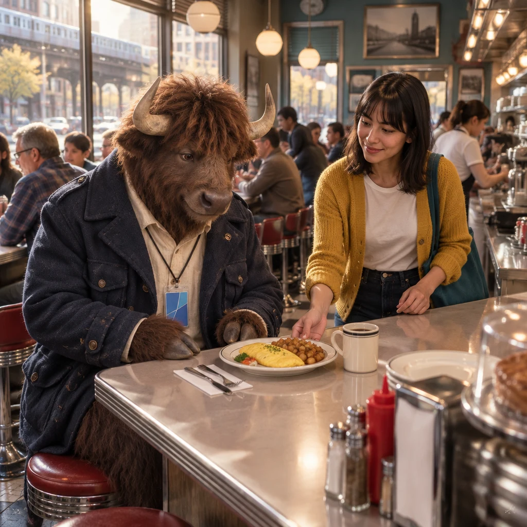 Busy lunch fills the Blue Plate as Murray looks at the omelet he did not order and Ana stands close by.
