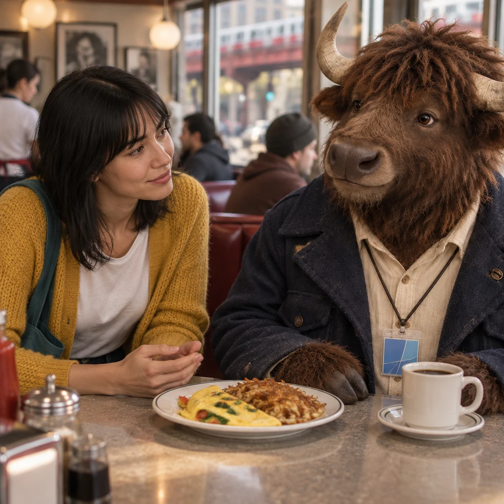 Ana leans toward Murray in a formal apology while the wrong omelet remains between them.