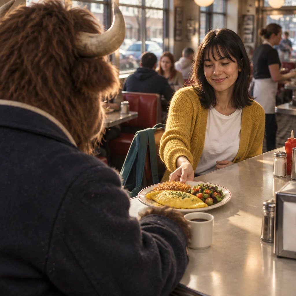 Ana begins taking the wrong omelet away as Murray watches from the counter.