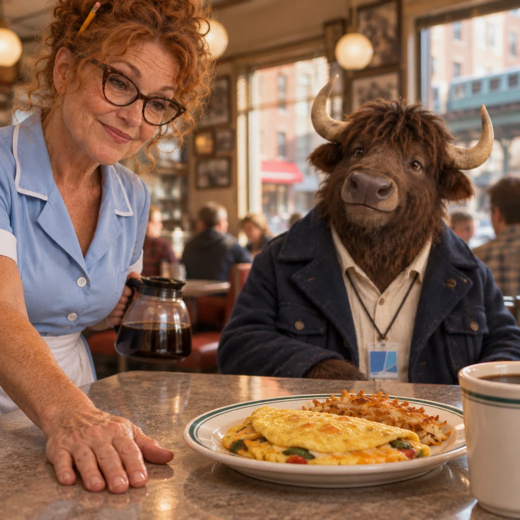 Dee accepts responsibility for the error with a hand beside the unwanted omelet.