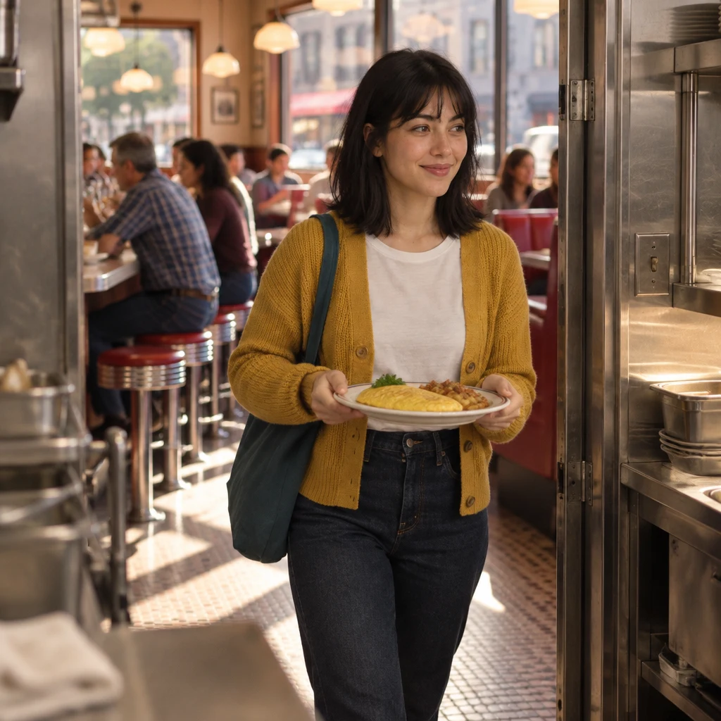 Ana carries the unwanted omelet away from the counter toward the kitchen.