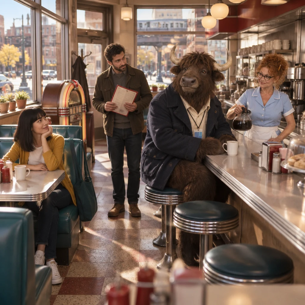 A newcomer pauses at the counter with a menu, looking from the coffee pot to Dee and the register.