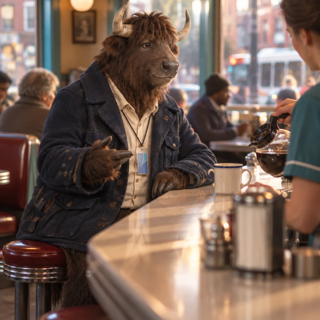 Murray turns toward the newcomer with his coffee still unfinished.