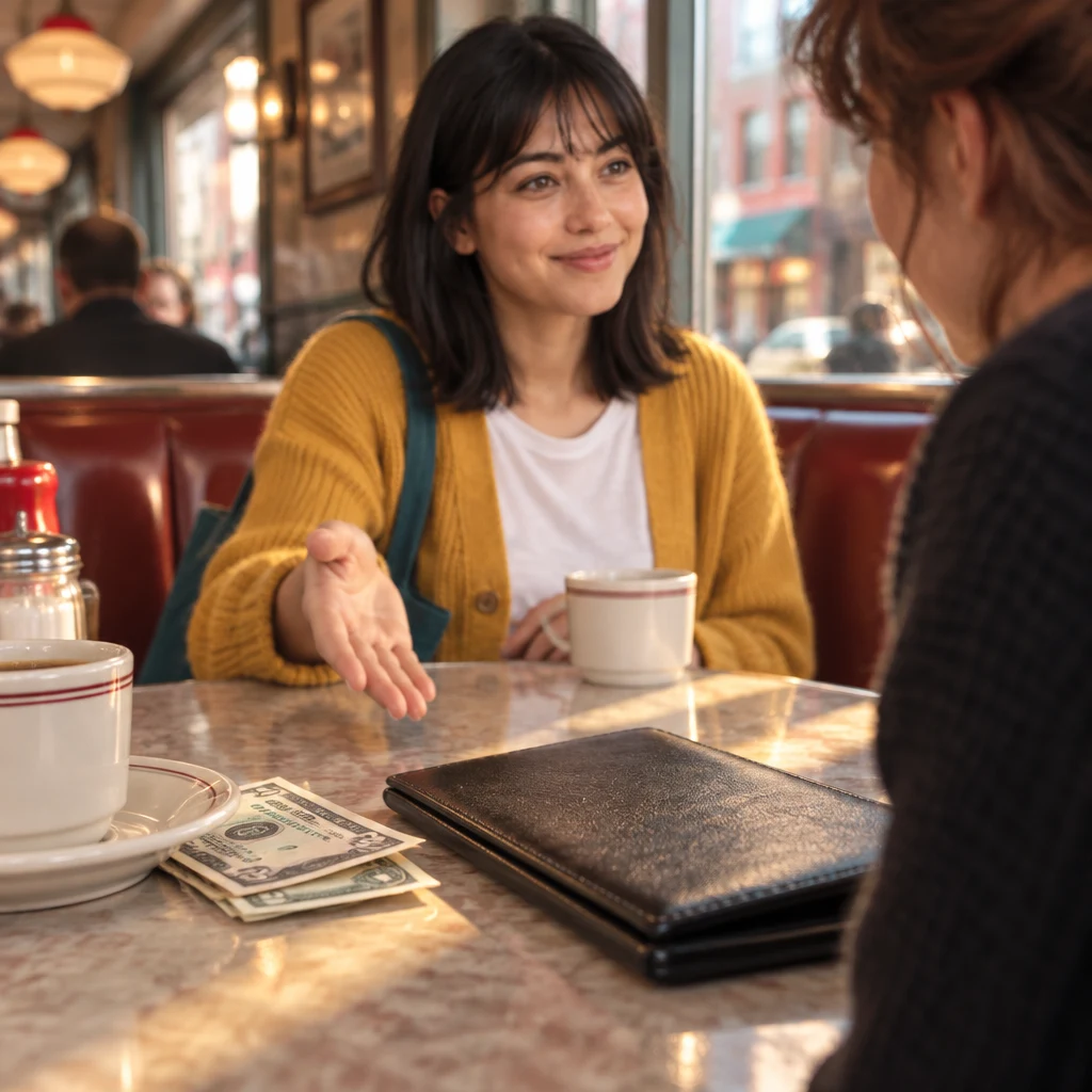 Extra cash rests beside a saucer as Ana shares a diner tipping habit.