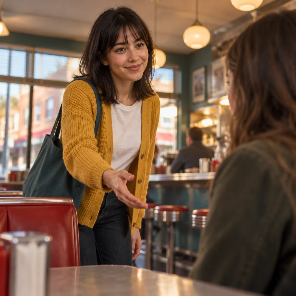 Ana leans toward the newcomer and offers help with an open hand.