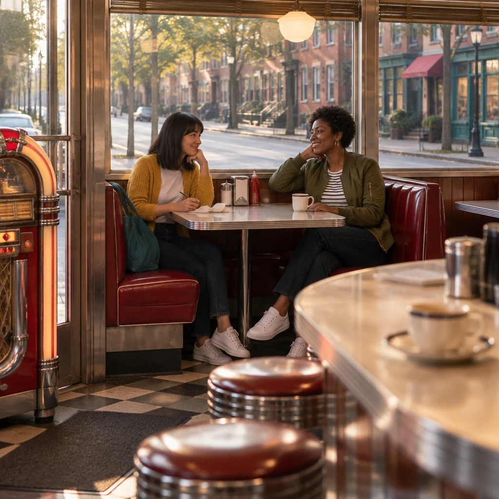 Ana and Tasha sit across from each other in the Blue Plate window booth with notes and a pen, while the quiet street and an unfinished cup at the counter frame the morning.